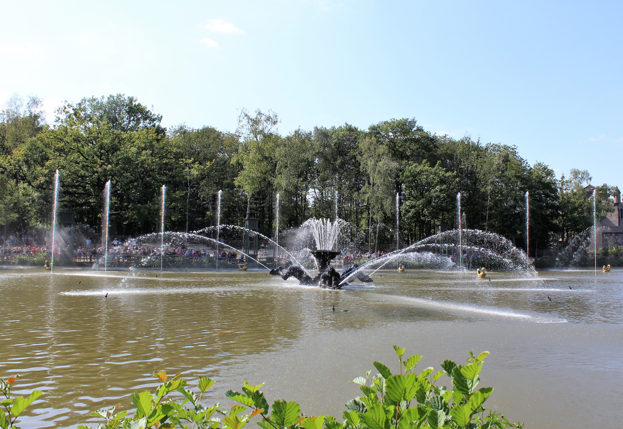 Photo taken on August 31, 2018 in the village "Les Epesses" in the Vendée showing magnificent fountains on the Puy du Fou lake.