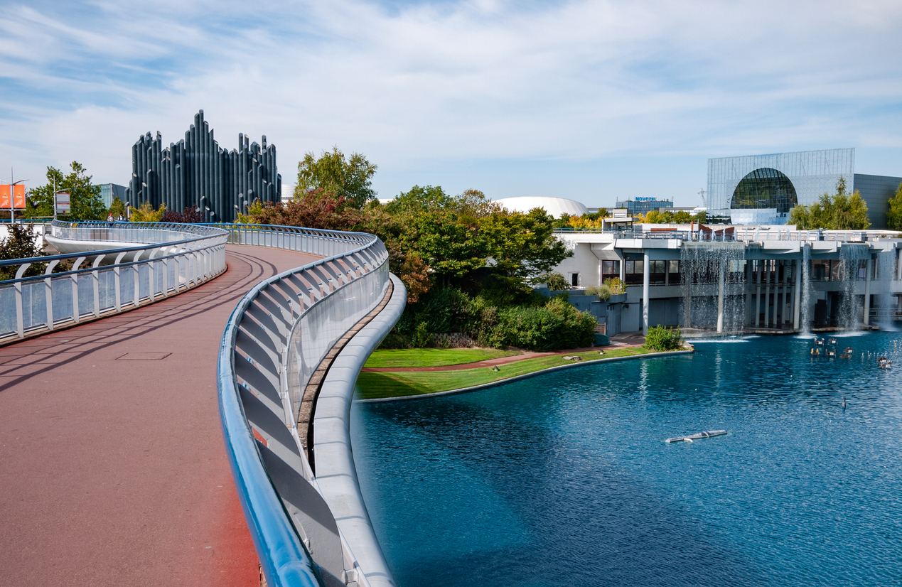 Poitiers, France - September 21 2010 : view from the bridge in Futuroscope, or Parc du Futuroscope, French amusement park