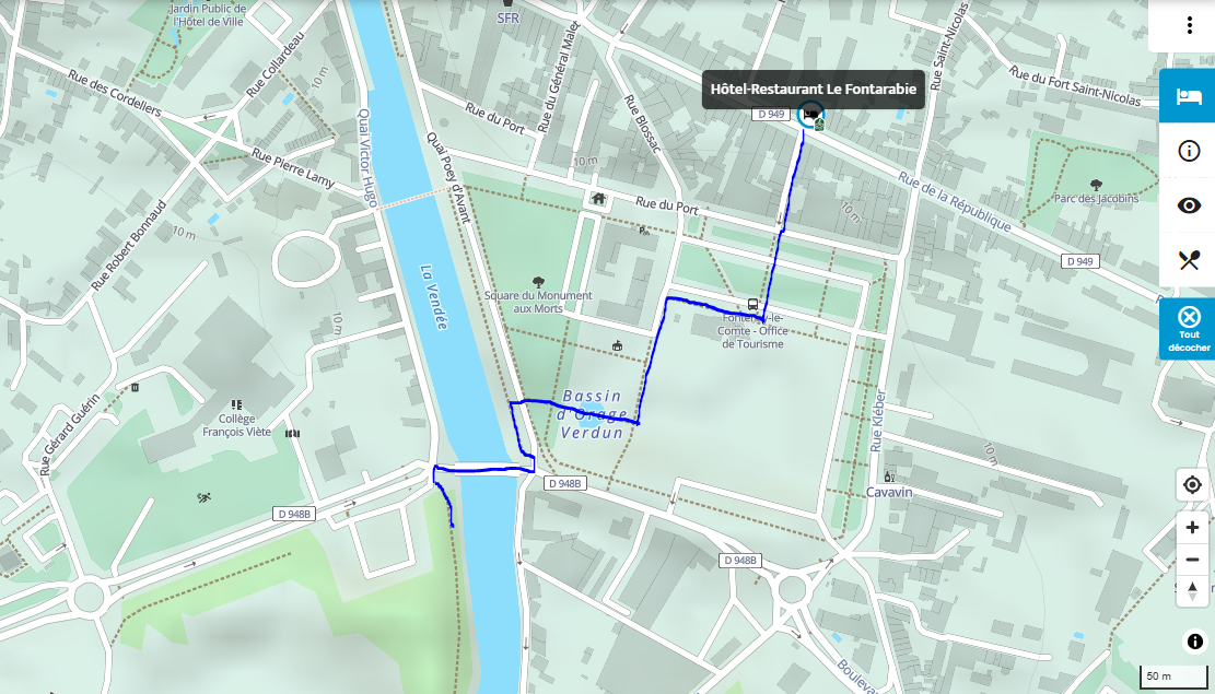 Recommended cycle route between Fontarabie hotel and cycle route
